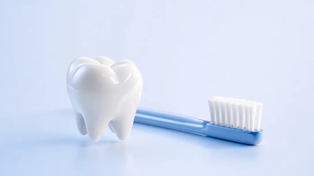 Yumuşak, dostça hatlara sahip bir süt dişi ve mavi saplı diş fırçası 3D görseli