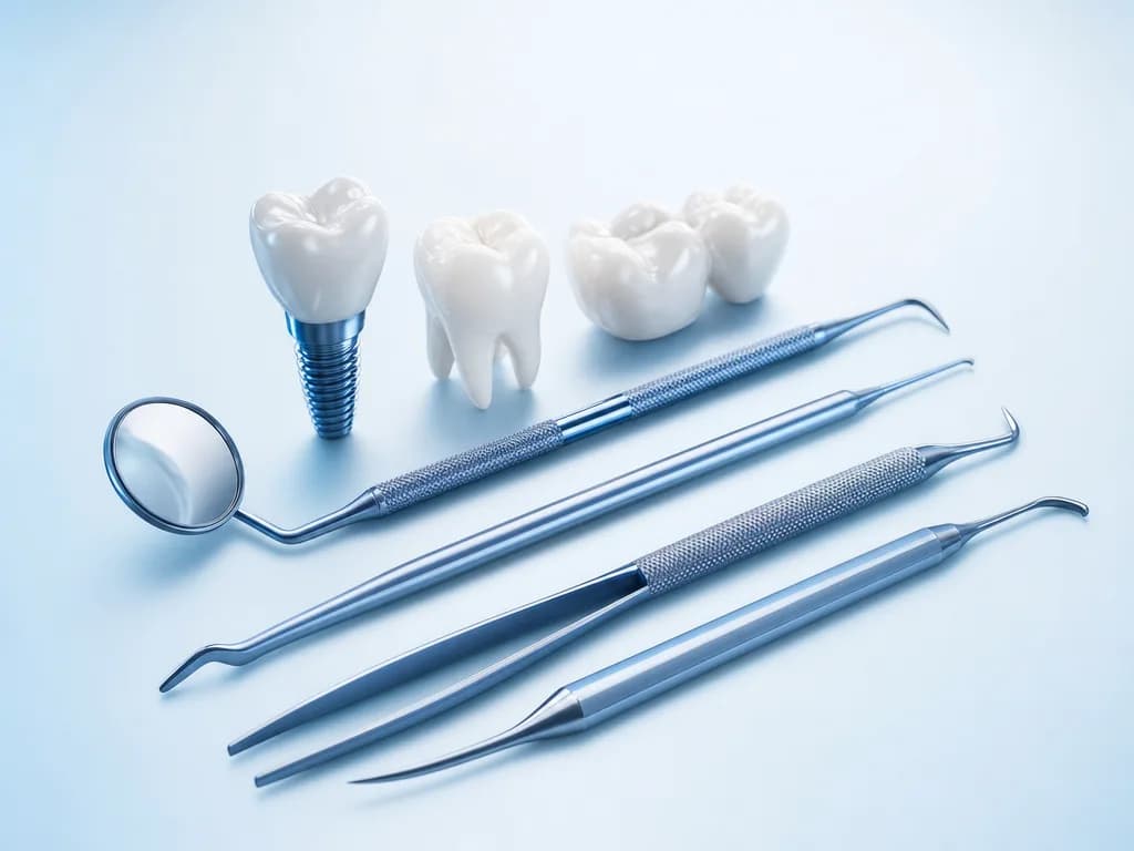 Steril, düzenli biçimde dizilmiş modern diş hekimliği aletleri 3D görseli