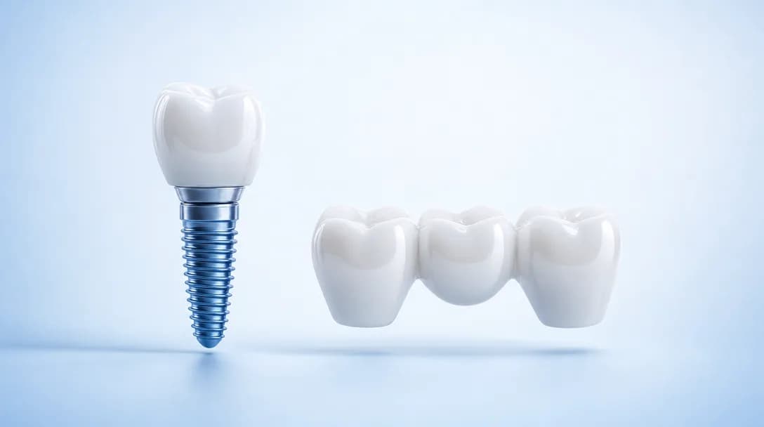 İmplant ile üç üyeli diş köprüsünün yan yana karşılaştırması 3D görseli