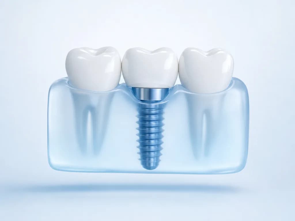 Çene kemiğini temsil eden yarı saydam bloğa yerleştirilmiş titanyum implant vidası