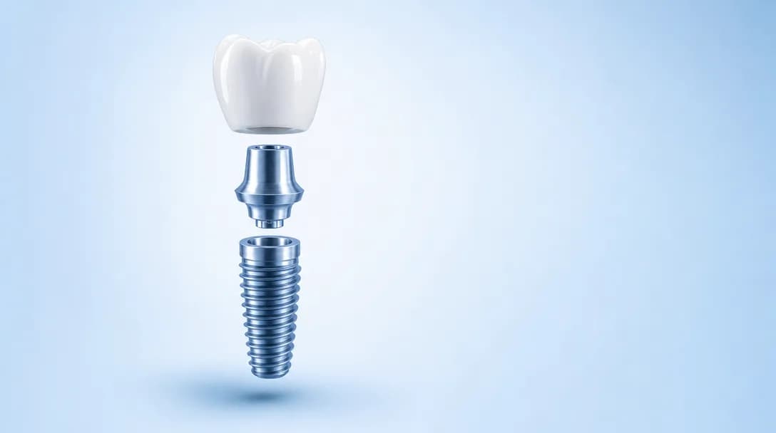 İmplant diş yapısı — titanyum vida, abutment ve porselen kron parçalarının 3D görseli