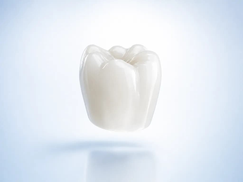 Işığı doğal diş gibi geçiren, parlak beyaz bir zirkonyum kron 3D görseli