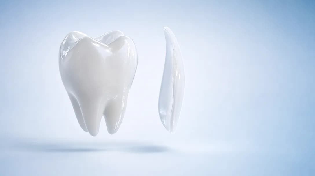 Zirkonyum kron ile ince lamine veneer kabuğunun yan yana karşılaştırması 3D görseli